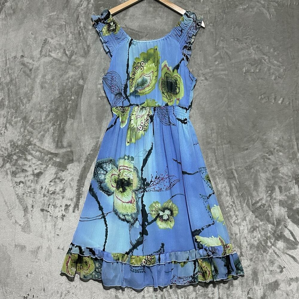 Y2K Sheer Milkmaid Fairycore Whimsigoth Knee Length Blue Dress Size M Smocked - Picture 8 of 10